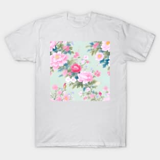 Soft watercolor flowers and birds on mint green T-Shirt